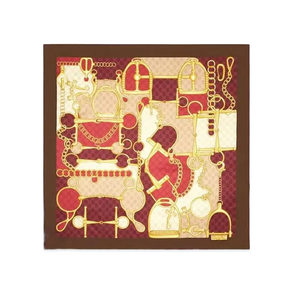 GUCCI GG Horsebit Silk Scarf "Red/Dark Grey"