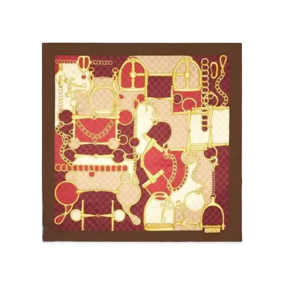 GUCCI GG Horsebit Silk Scarf "Red/Dark Grey"
