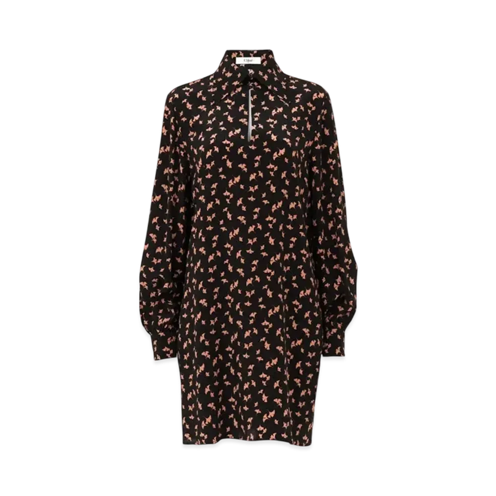 Chloe Long-Sleeve Mini Dress In Printed Crepe De Chine "Pearl Blush"