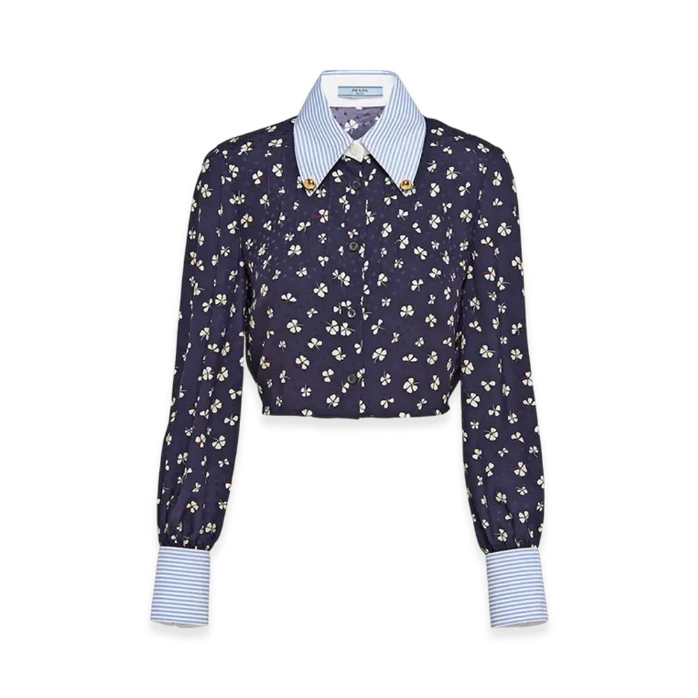 PRADA Women's Silk Jacquard Print Shirt "Navy"