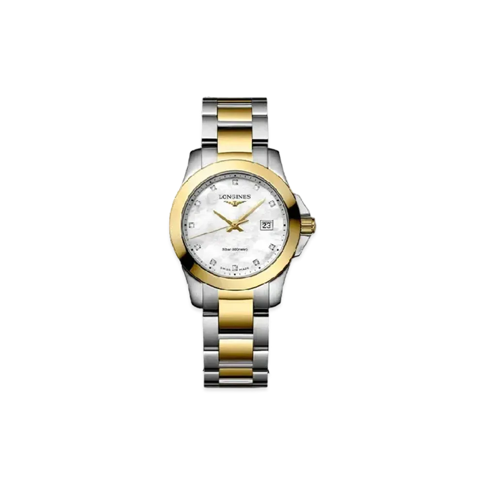 Longines Conquest 29.50mm "White Mother-of-Pearl/Yellow/Stainless Steel" L3.376.3.87.7