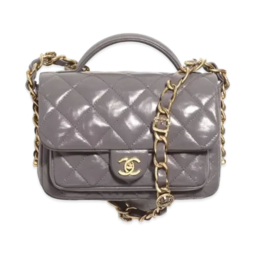 CHANEL Mini Flap Bag with Top Handle Shiny Lambskin & Gold-Tone Metal "Gray"
