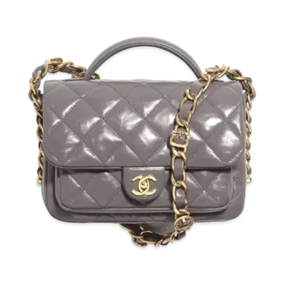 CHANEL Mini Flap Bag with Top Handle Shiny Lambskin & Gold-Tone Metal "Gray"