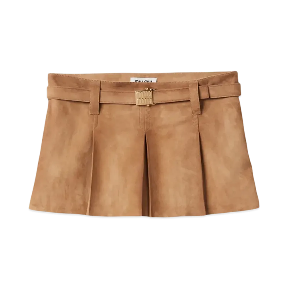 MIU MIU Women's Pleated Suede Skirt "Maple Brown"