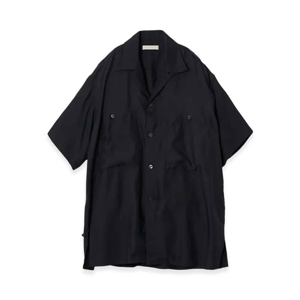 YOKE Cupro Polyester Washable Chambray Twill Open Collar Shirt "Black"