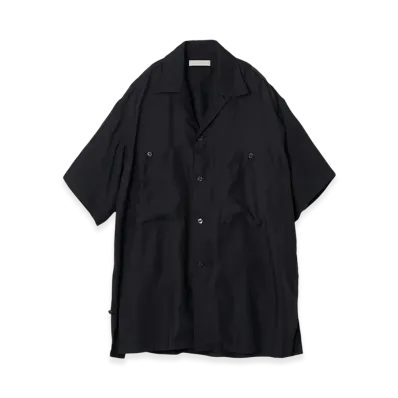 YOKE Cupro Polyester Washable Chambray Twill Open Collar Shirt "Black"
