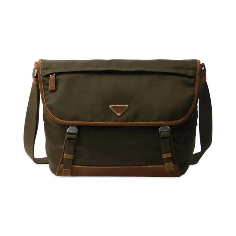 PRADA Large Re-Nylon and Suede Shoulder Bag "Khaki Green/Dark Brown"