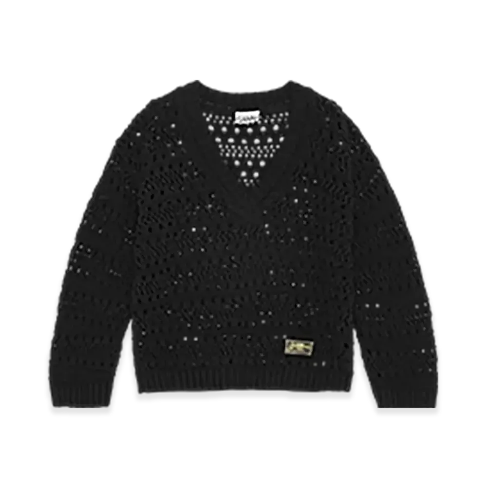 GANNI Black Crochet V-Neck Jumper "Black"