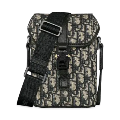 Dior Mini Dior Hit The Road Vertical Messenger Bag with Flap Dior Oblique Jacquard with Grained Calfskin "Beige/Black"