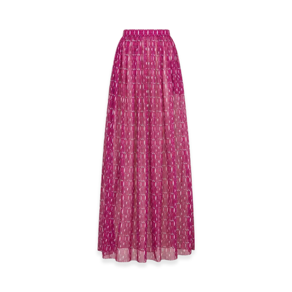 Dior Women's Cotton Muslin with Miss Dior Allover Motif Long Pleated Skirt "Fuchsia"