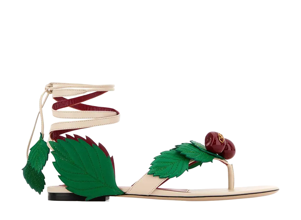 Valentino Garavani Women's Ivory Leather Cherryfic Thong Sandals "White"