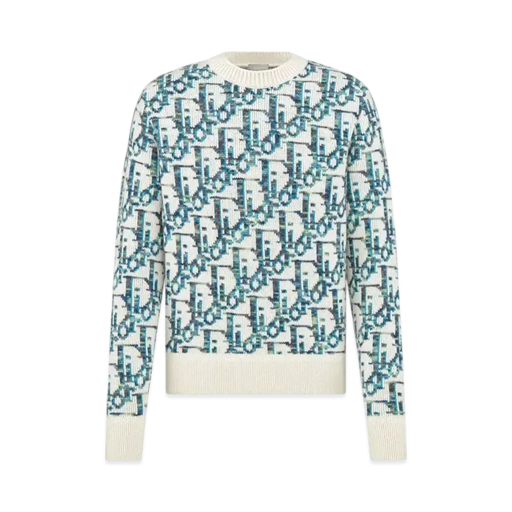 Dior Men's Oblique Sweater Virgin Wool Jacquard "White/Blue"