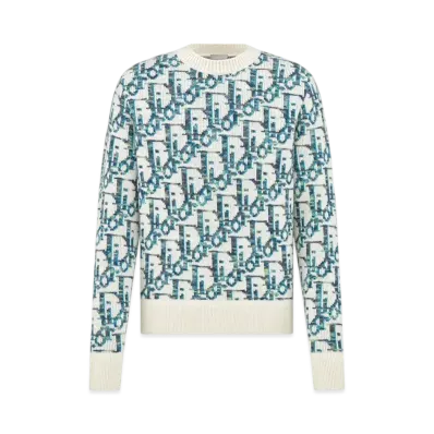 Dior Men's Oblique Sweater Virgin Wool Jacquard "White/Blue"