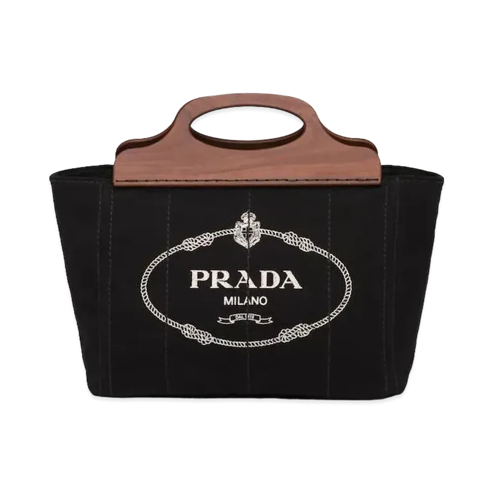PRADA Small Tote In Canvas & Wood "Black"