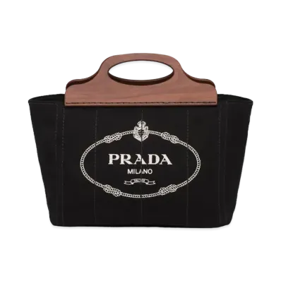 PRADA Small Tote In Canvas & Wood "Black"