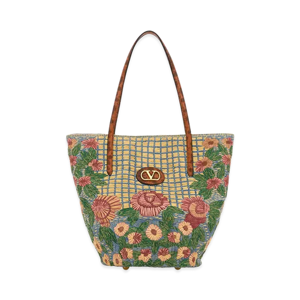Valentino Women's Embroidered Raffia Vlogo Signature Shopping Bag "Printed"