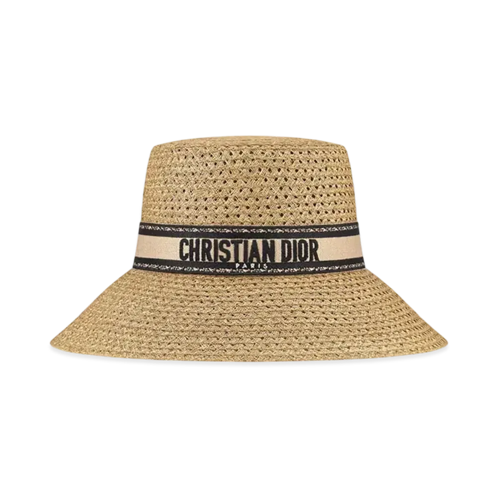 Dior D-Bobby Large Brim Hat Straw with Embroidered Band "Beige/Black"