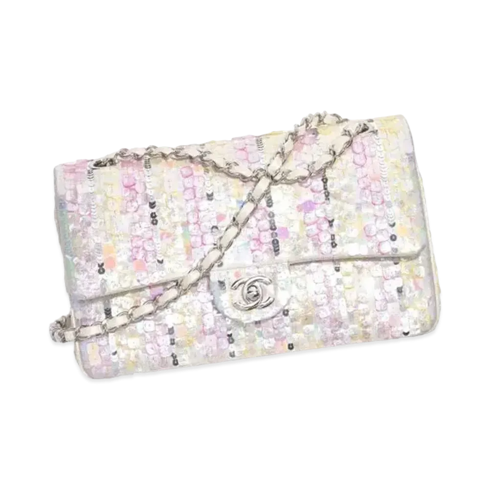 CHANEL Classic Handbag Embroidered Satin, Sequins & Silver-Tone Metal "Silver/Light Pink/Light Yellow"