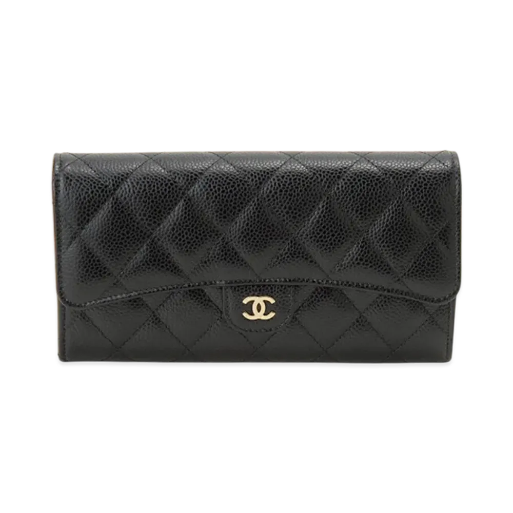 CHANEL Matelasse Classic Long Flap Wallet Caviar Skin "Black/Gold"