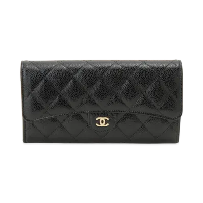 CHANEL Matelasse Classic Long Flap Wallet Caviar Skin "Black/Gold"