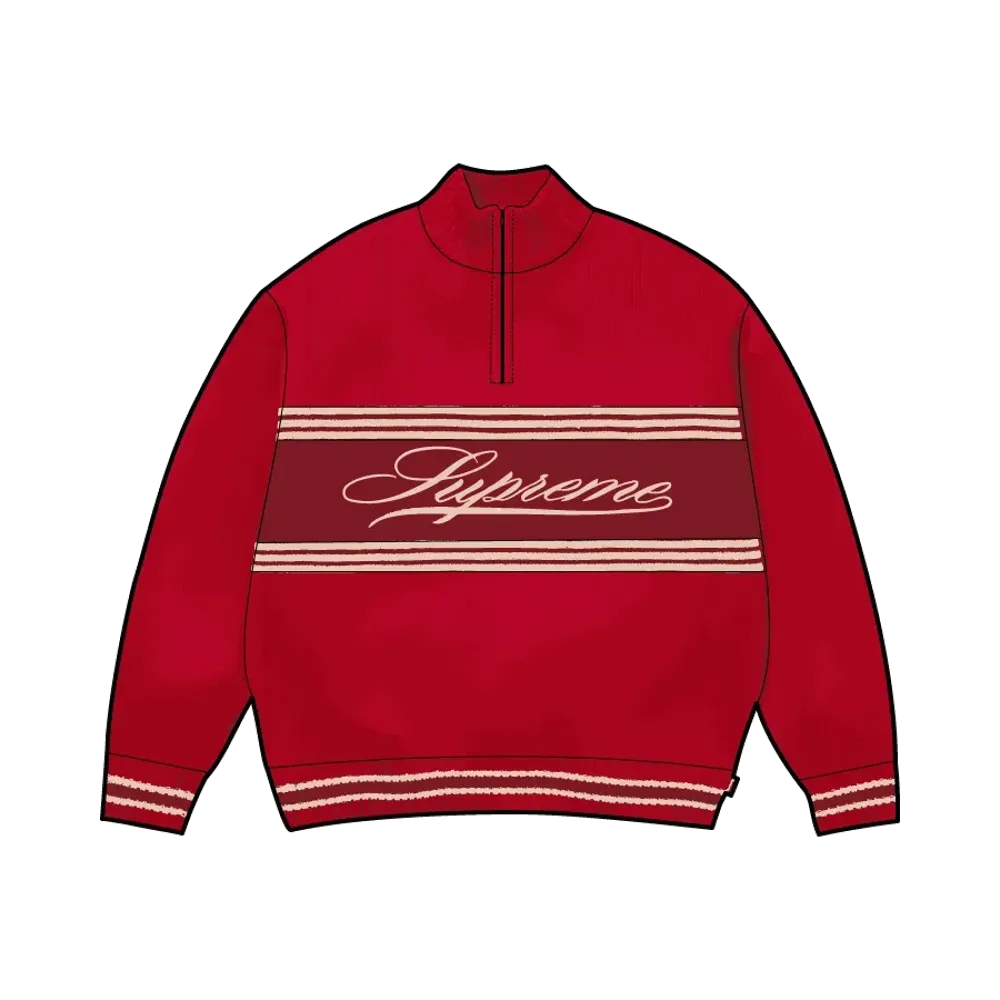 Supreme Script Stripe Half Zip Sweater "Red"