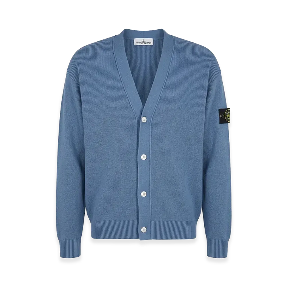 Stone Island Ribbed Soft Organic Cotton L/S Sleeve Logo V-Neck Cardigan "Blue"
