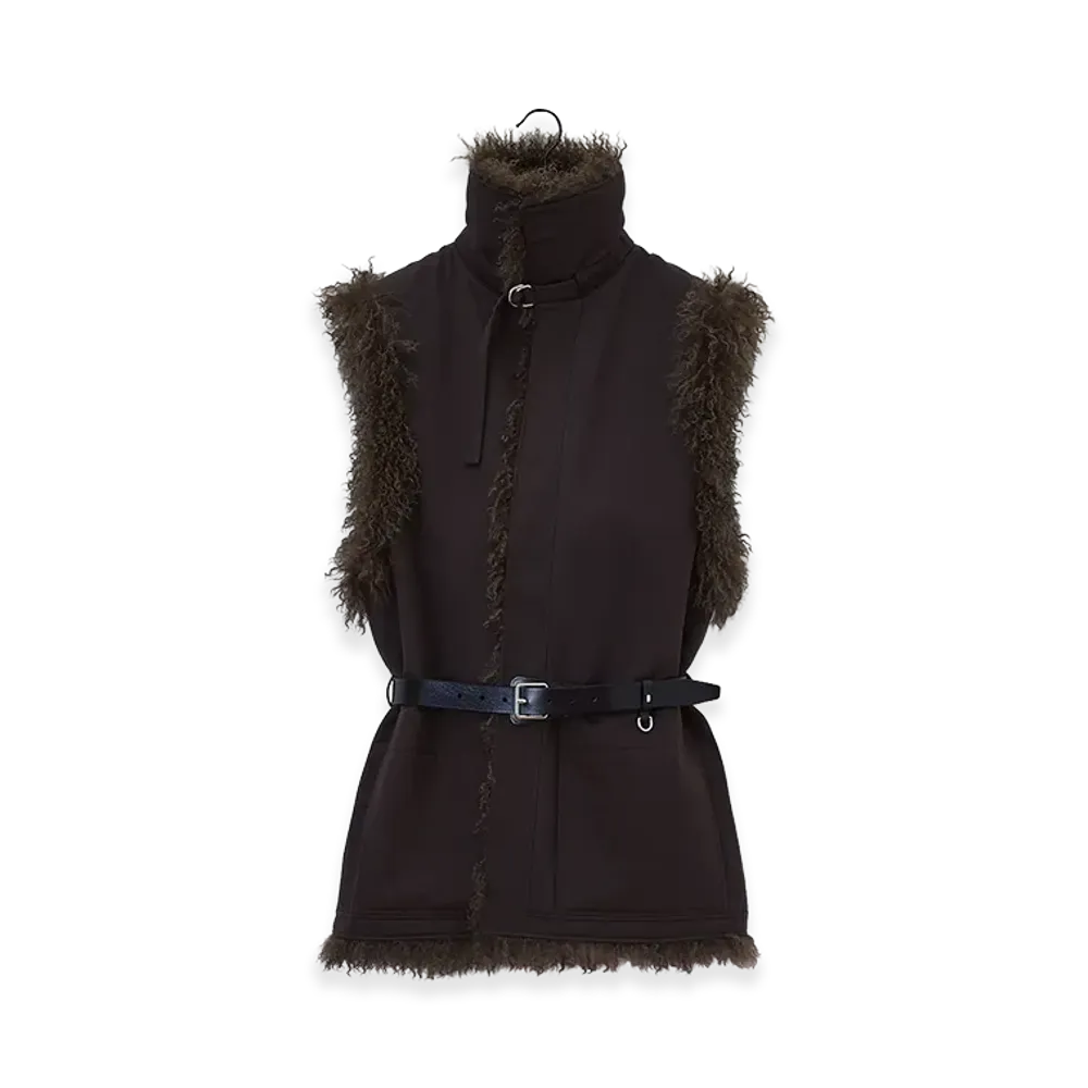 LEMAIRE Women's Reversible Belted Long Shearling Gilet "Kobicha Brown"