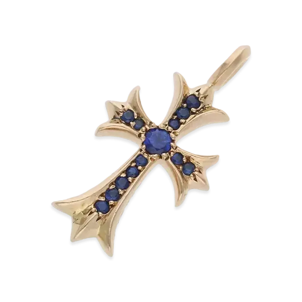 Chrome Hearts 22K Tiny Fat Cross Pave Sapphire Pendant Necklace Top "Yellow Gold/Blue"