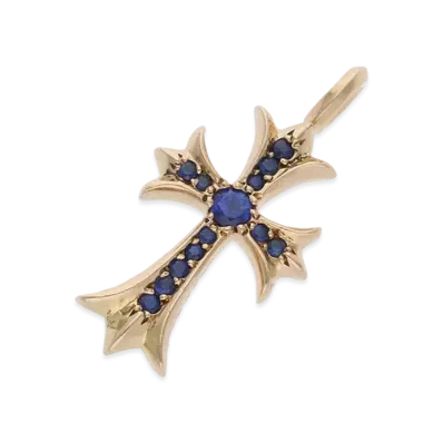 Chrome Hearts 22K Tiny Fat Cross Pave Sapphire Pendant Necklace Top "Yellow Gold/Blue"
