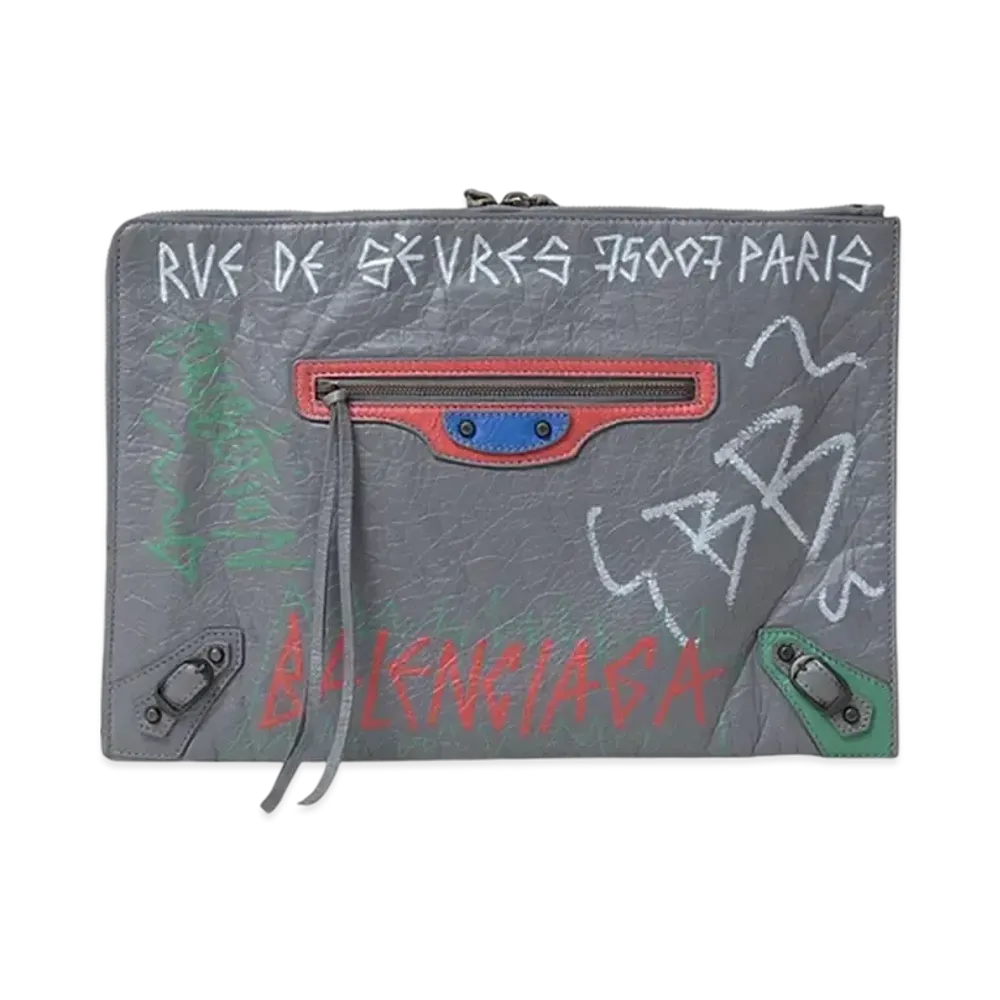 BALENCIAGA Leather City Graffiti Clutch Bag "Grey/Red/Blue/Green/White"