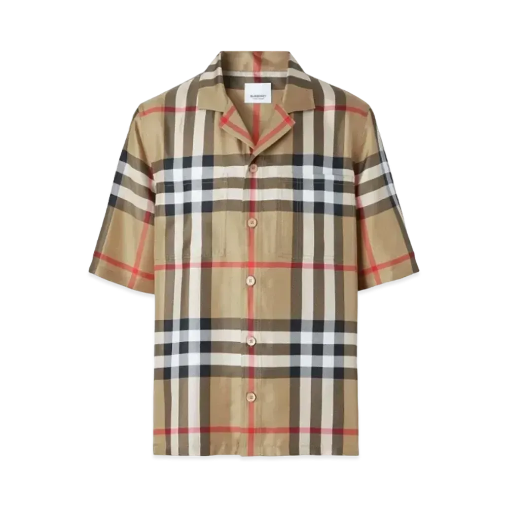 Burberry Men's Short Sleeve Check Silk Shirt "Archive Beige"