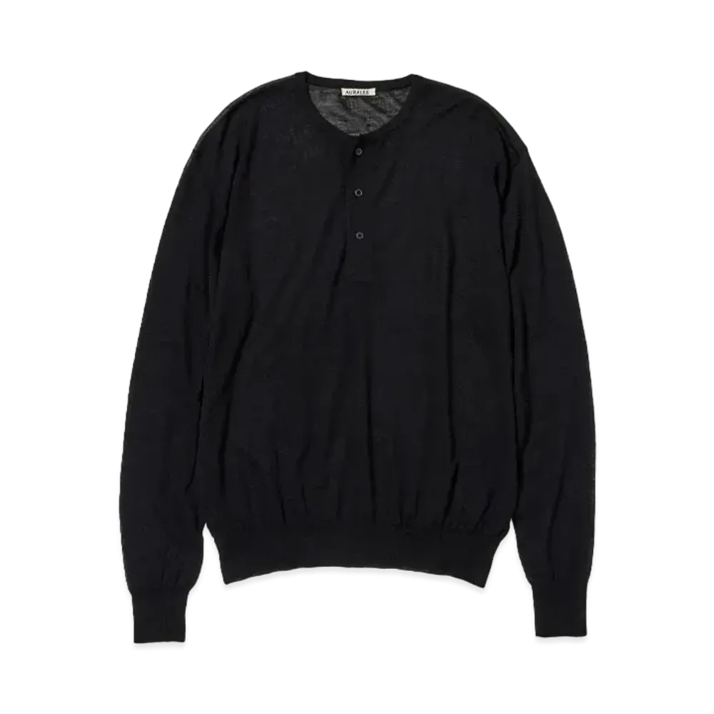 AURALEE Hard Twist High Gauge Wool Silk Knit Henley Neck P/O "Black"