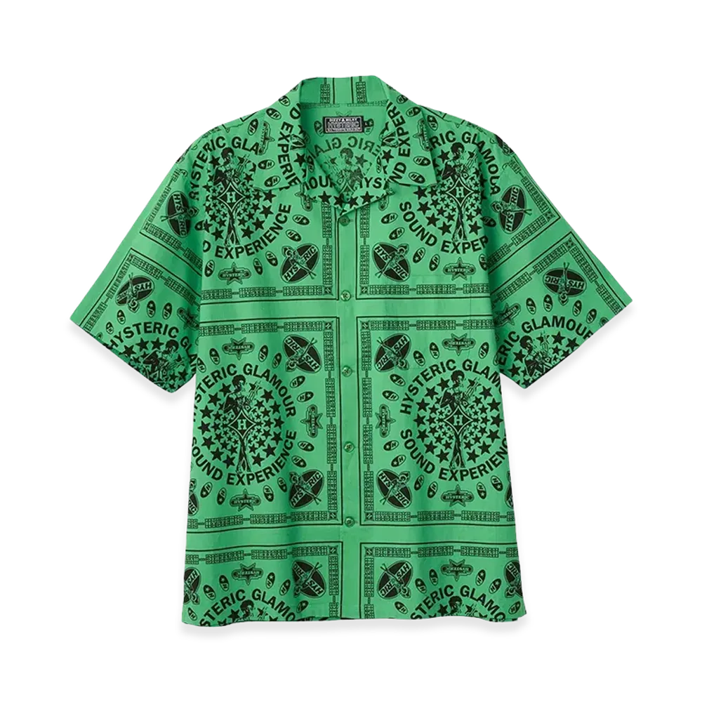 HYSTERIC GLAMOUR Sound Experience Pattern Open Collar Shirt "Green"