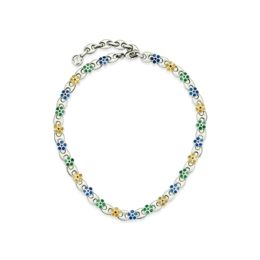 GUCCI Enamel Flower Necklace "Silver"