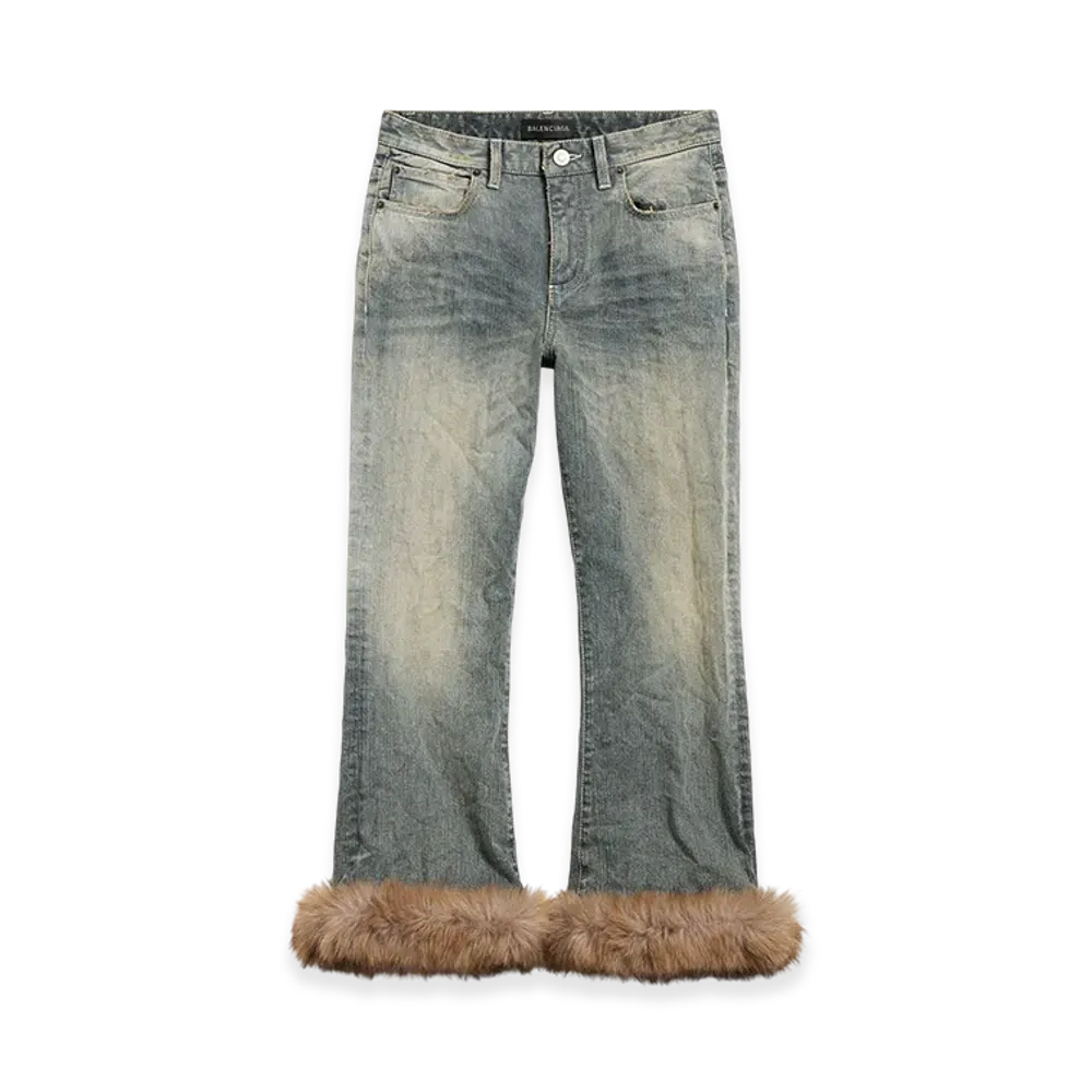 BALENCIAGA Fur Trim Flare Capri Pants "Light Blue"