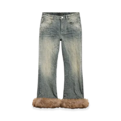 BALENCIAGA Fur Trim Flare Capri Pants "Light Blue"