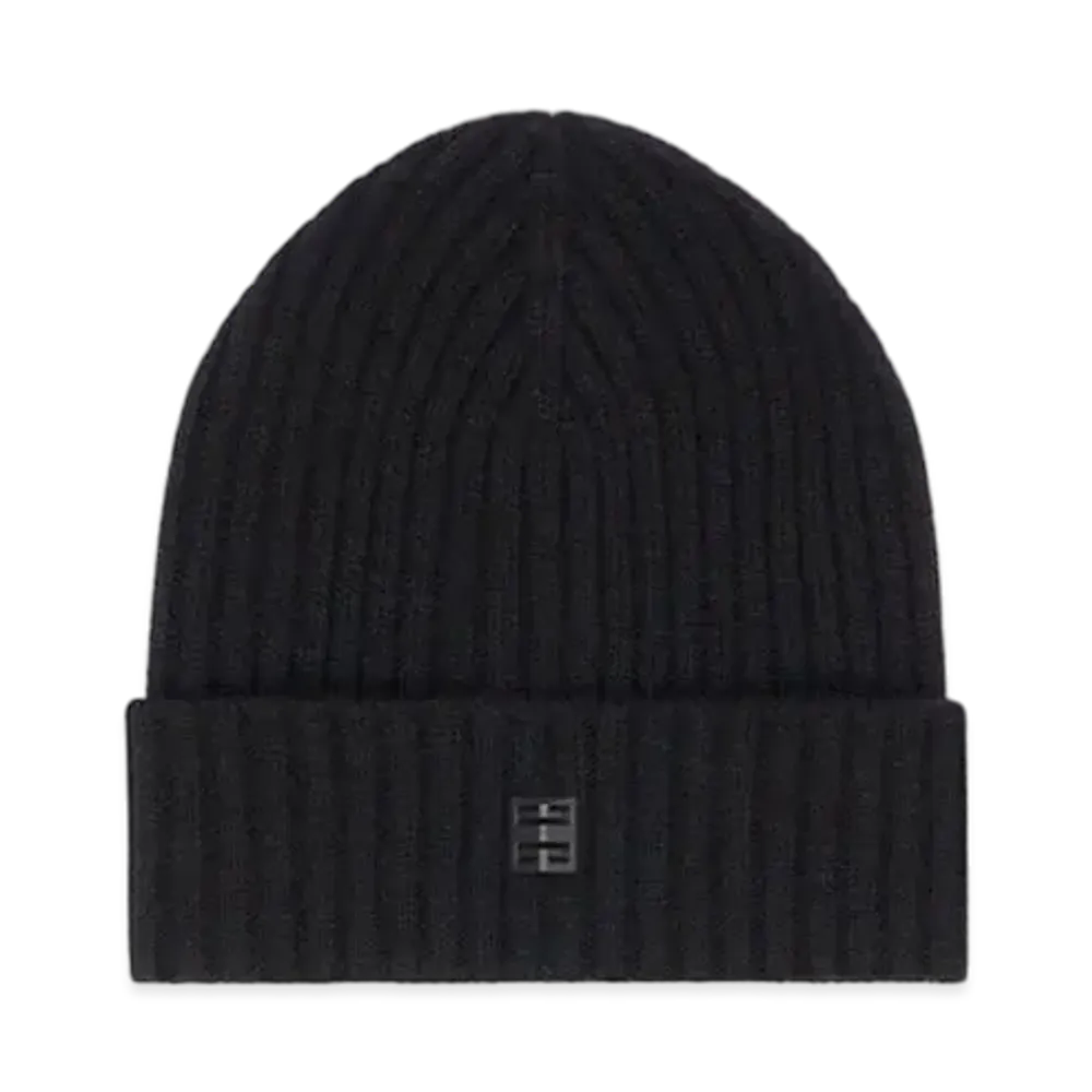 GIVENCHY Ribbed Beanie In Wool and Cashmere With 4G Detail "Black"