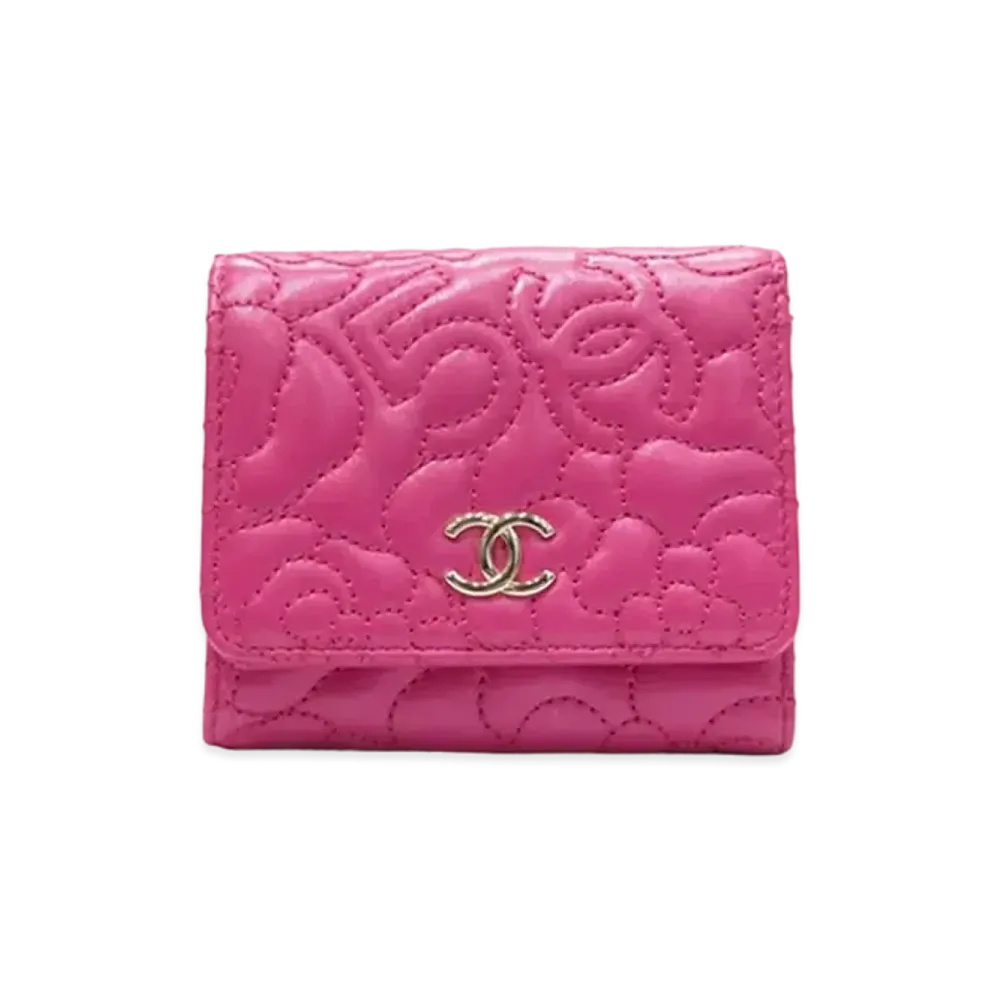 CHANEL Lambskin Coco Mark Camellia Number 5 Compact Wallet "Pink"