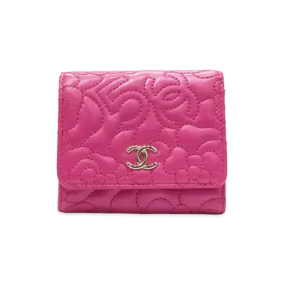 CHANEL Lambskin Coco Mark Camellia Number 5 Compact Wallet "Pink"
