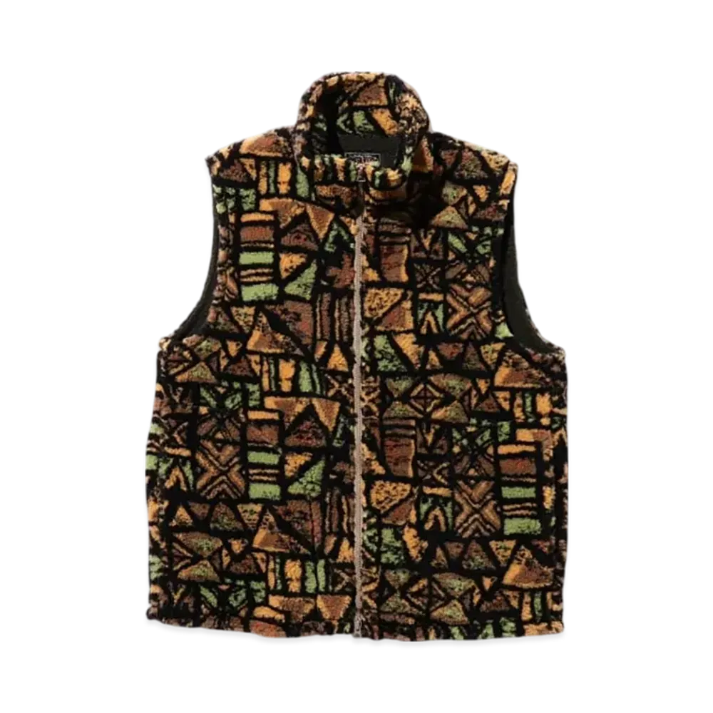BEAMS Stand Collar Zip Vest Jacquard Boa "Batik"
