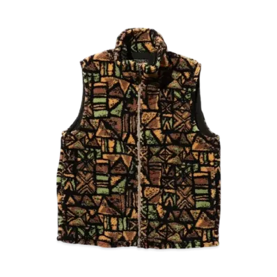 BEAMS Stand Collar Zip Vest Jacquard Boa "Batik"