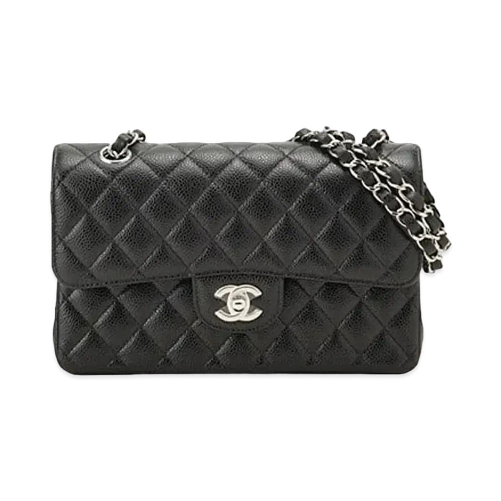 CHANEL Matelasse Classic Double Flap Caviarskin "Black/Silver"