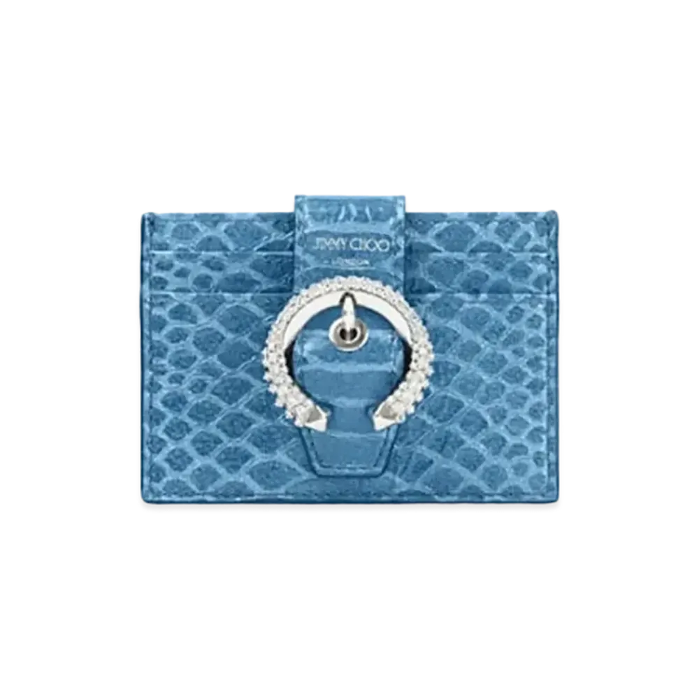 Jimmy Choo Umika Gel Snake Printed Leather Card Holder With Crystal Buckle "Butterfly Blue"