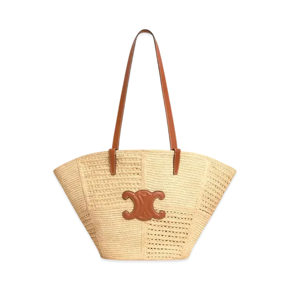 CELINE Celine Classic Panier Medium Couffin in Raffia Patchwork and Calfskin "Natural/Tan"