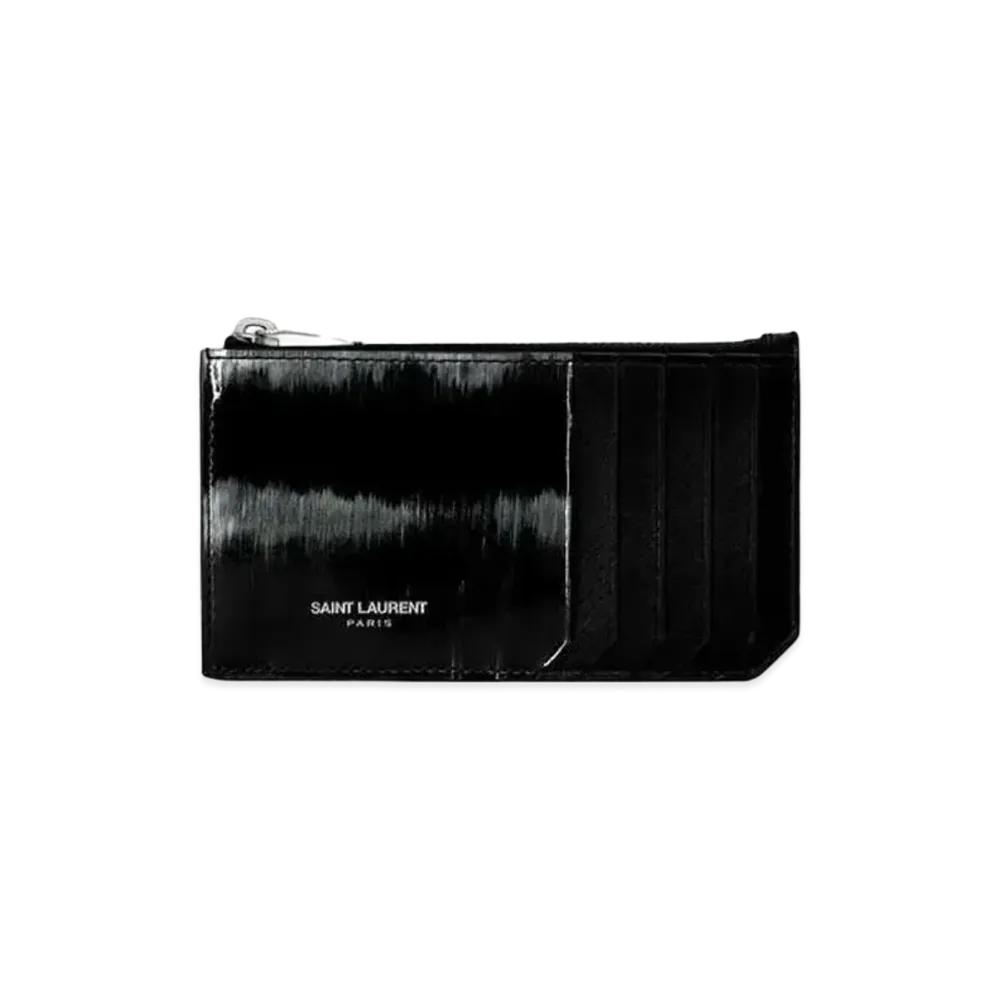 Saint Laurent Paris Fragment Zipped Credit Card Case In Brushed Patent Leather "Black/Ivory"