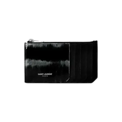 Saint Laurent Paris Fragment Zipped Credit Card Case In Brushed Patent Leather "Black/Ivory"