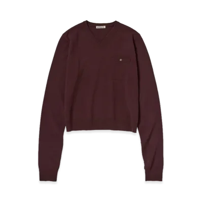 AURALEE Women's High Twist Wool Knit V-Neck P/O "Red Brown"