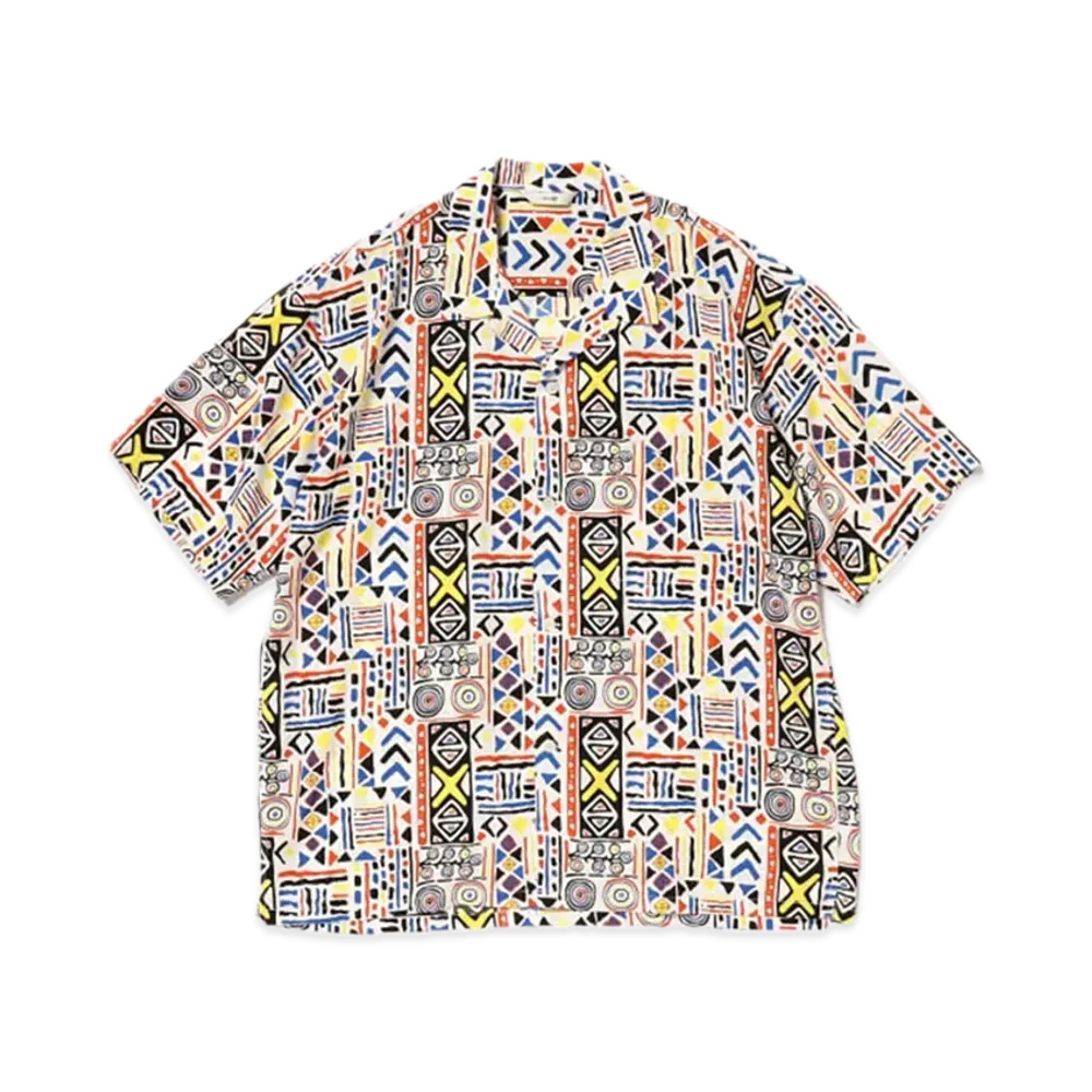 BEAMS Geometric Print Open Collar Shirt "White"