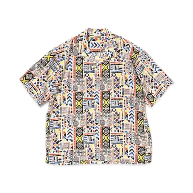 BEAMS Geometric Print Open Collar Shirt "White"