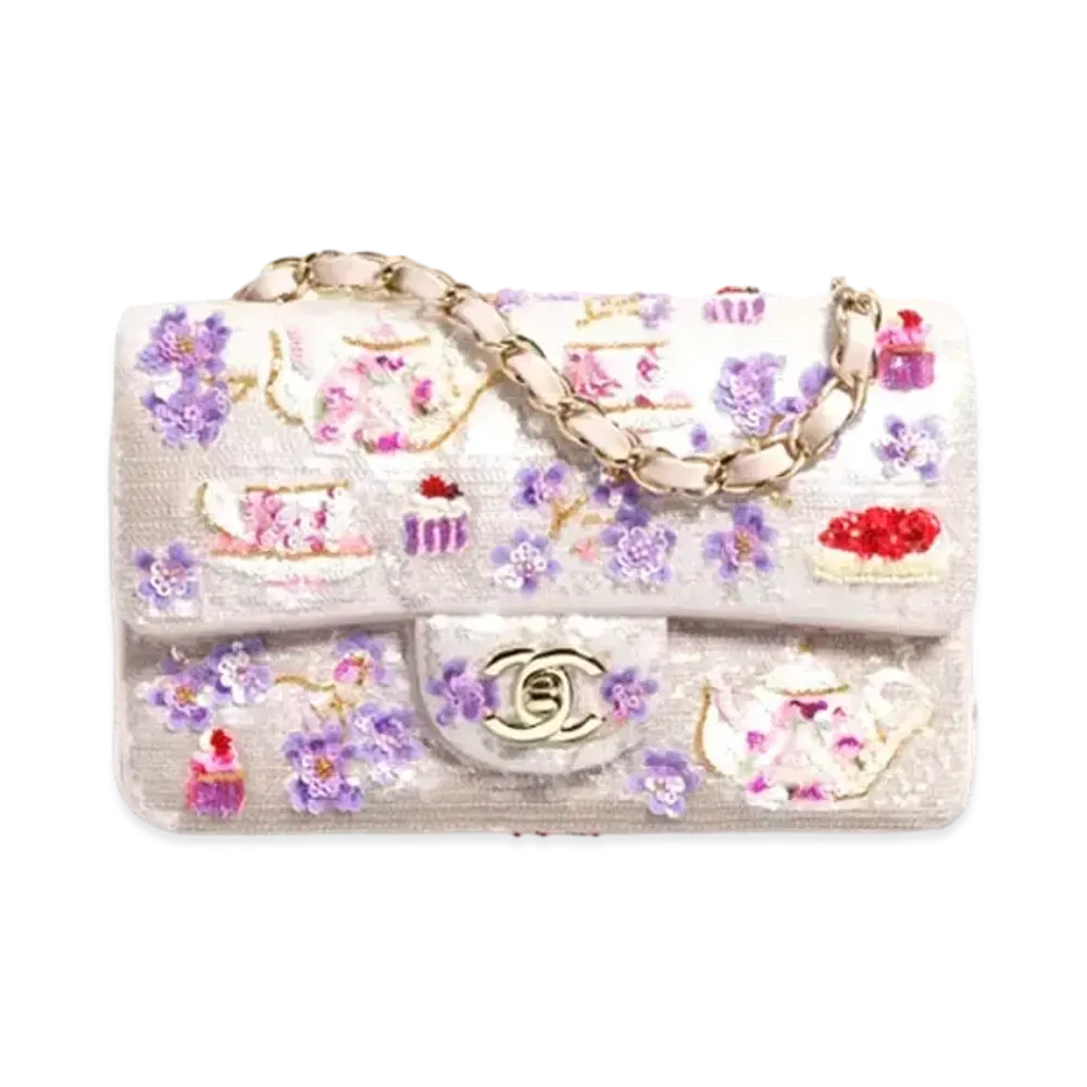 CHANEL Mini Classic Handbag Embroidered Satin, Sequins, Glass Beads, Strass & Gold-Tone Metal "White/Pink/Purple/Red"
